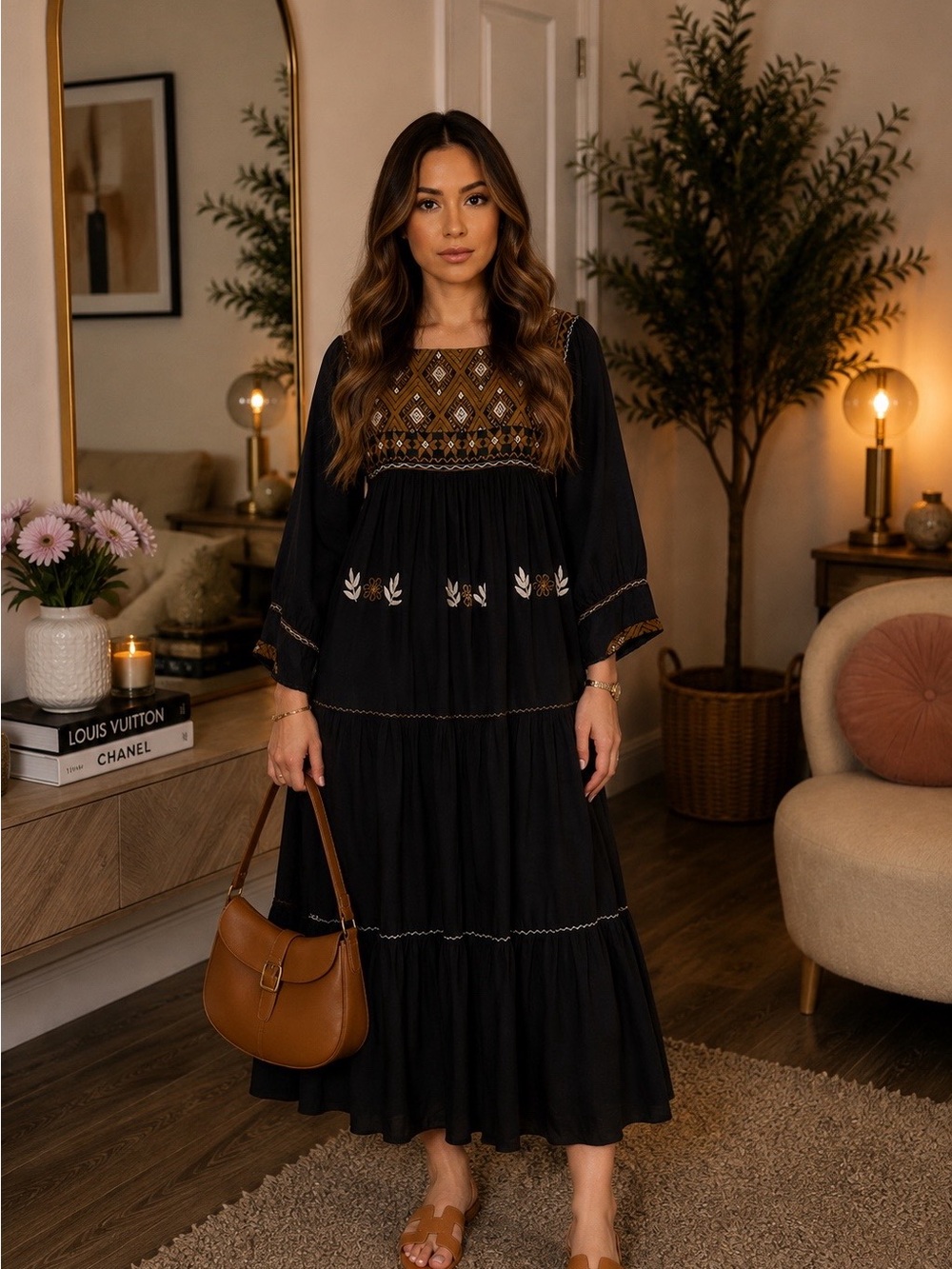 Artisanal Embroidered Black Maxi Dress